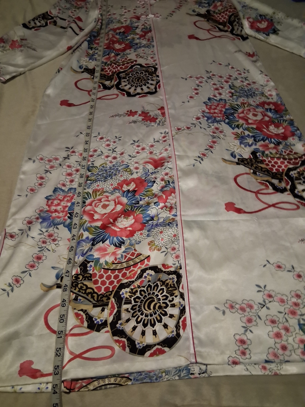 SHANG HAI CITY- Ivory Floral Satin Long Robe with Mandarin Collar - Picture 8 of 10